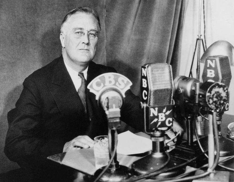Franklin D. Roosevelt at the White House in Washington, D.C., delivering a national radio address, Sept. 30, 1934