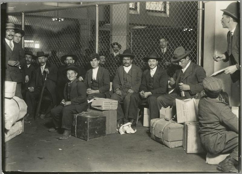 Group waiting at Ellis Island, NY Public Library Digital Collections