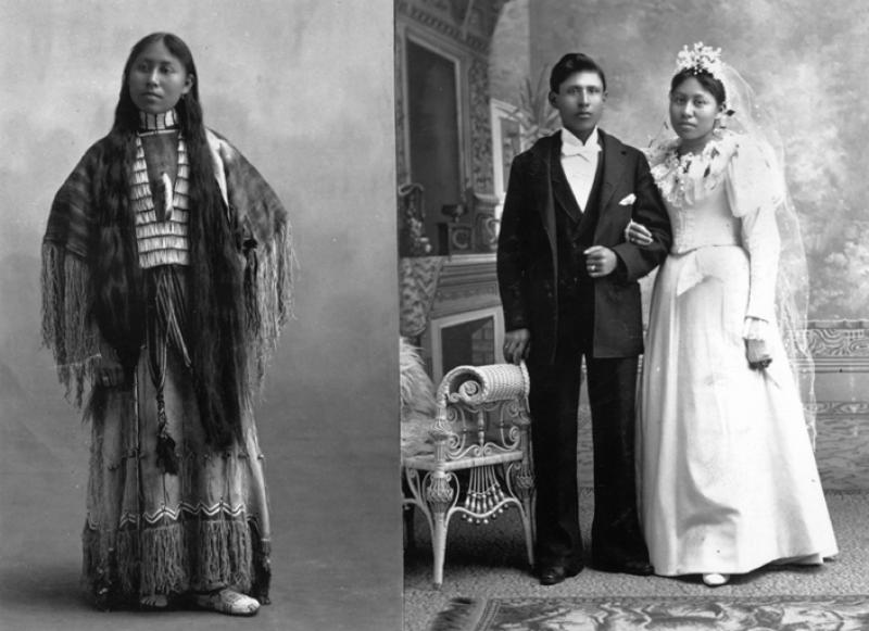 Cheyenne woman named Woxie Haury in ceremonial dress, and, in wedding portrait with husband