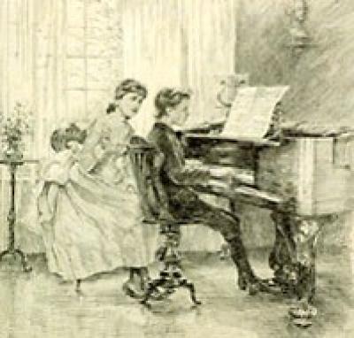 a boy playing the piano while a girl looks on