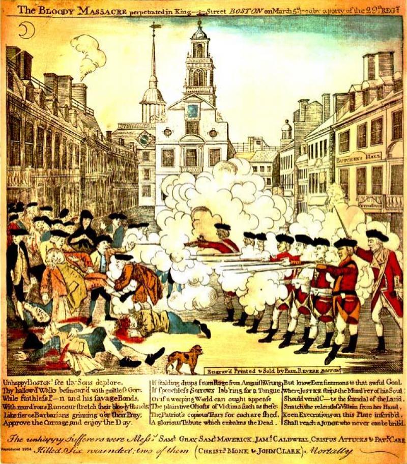Paul Revere’s, “The Bloody Massacre Perpetrated on King Street, Boston, on March 5th 1770 by a Party of the 29th Regiment”. March, 1770