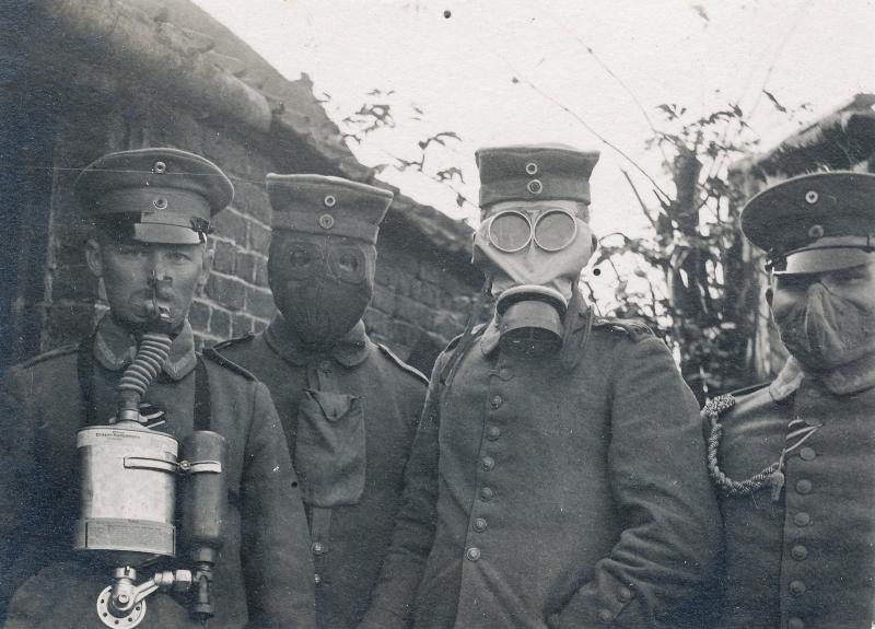 German WWI Soldiers with Various Types of Gas Masks