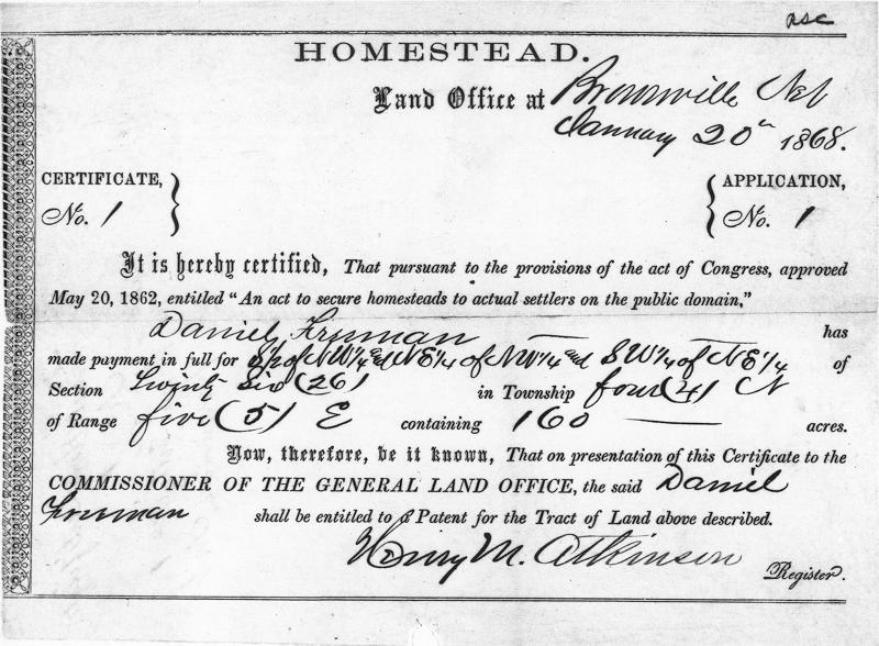 a homestead certificate, 1868