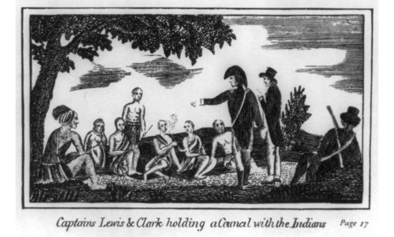 Captains Lewis and Clark holding council with the Indians, etching by Patrick Gass