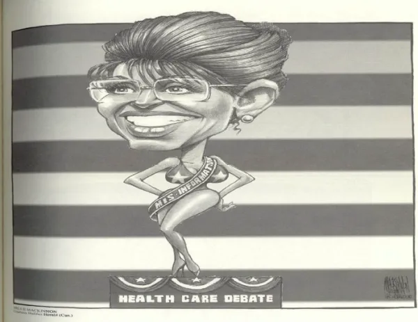 a woman in a swimsuit with a sash that says mis information and she is standing on a stage with the words health care debate